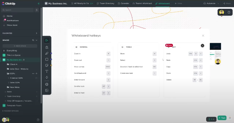 clickup whiteboard hotkeys