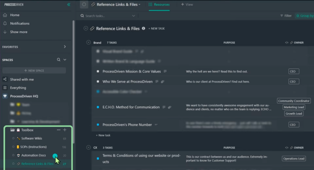 Screenshot of our Toolbox which highlights our four resource categories: Software Wikis, SOPs, Automation Docs, and Reference Links & Files.