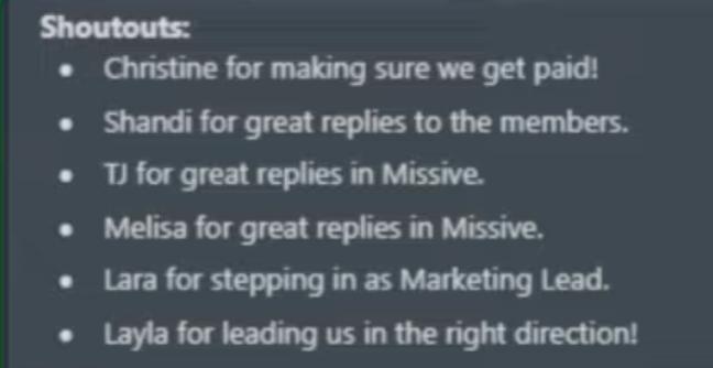 Screenshot of our Shoutouts section in our Team Meeting Agenda.