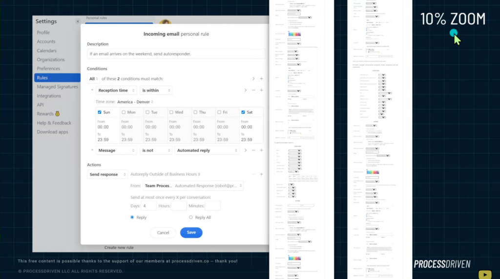 Available actions inside Missive's Rules feature