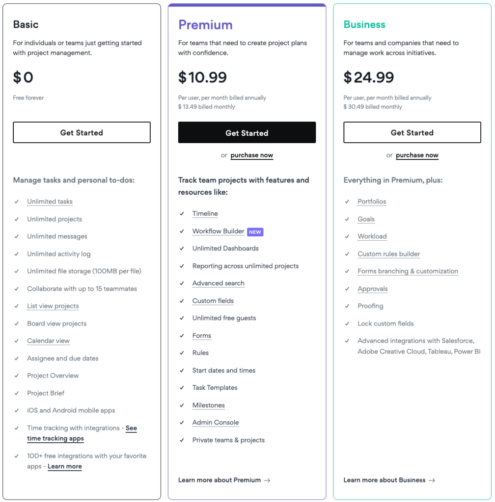 Asana Yearly Pricing Plans