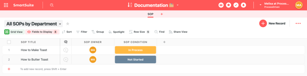 Your SOP App in SmartSuite should be simple, concise, and have clear titles for each Field.