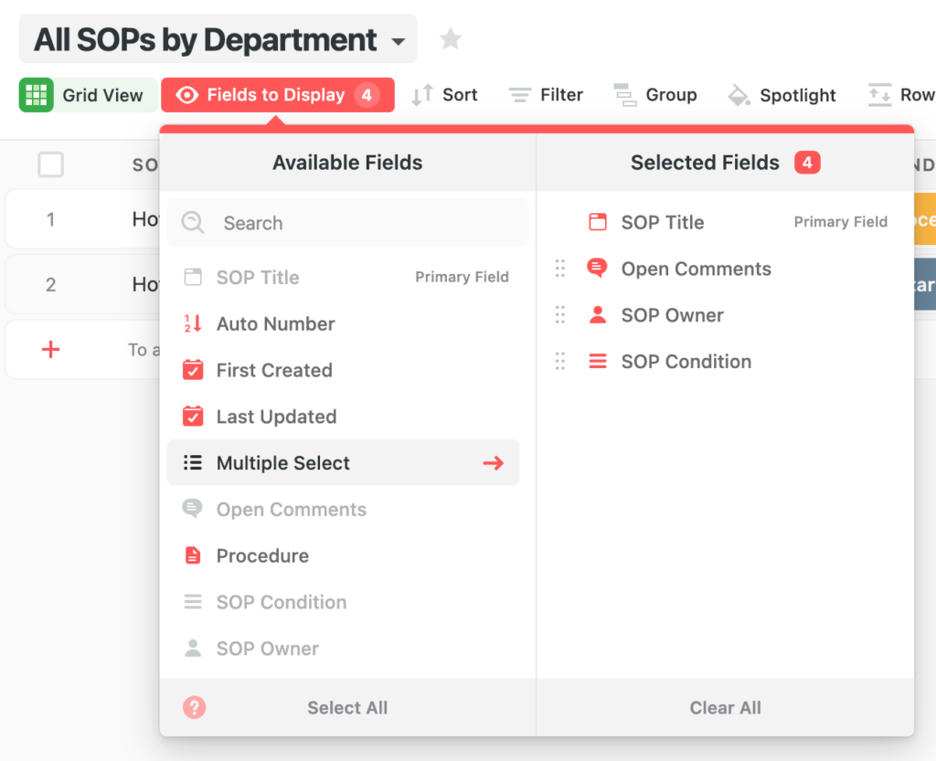 To hide or display a certain Field in SmartSuite, go to the "Fields to Display" menu from each column.