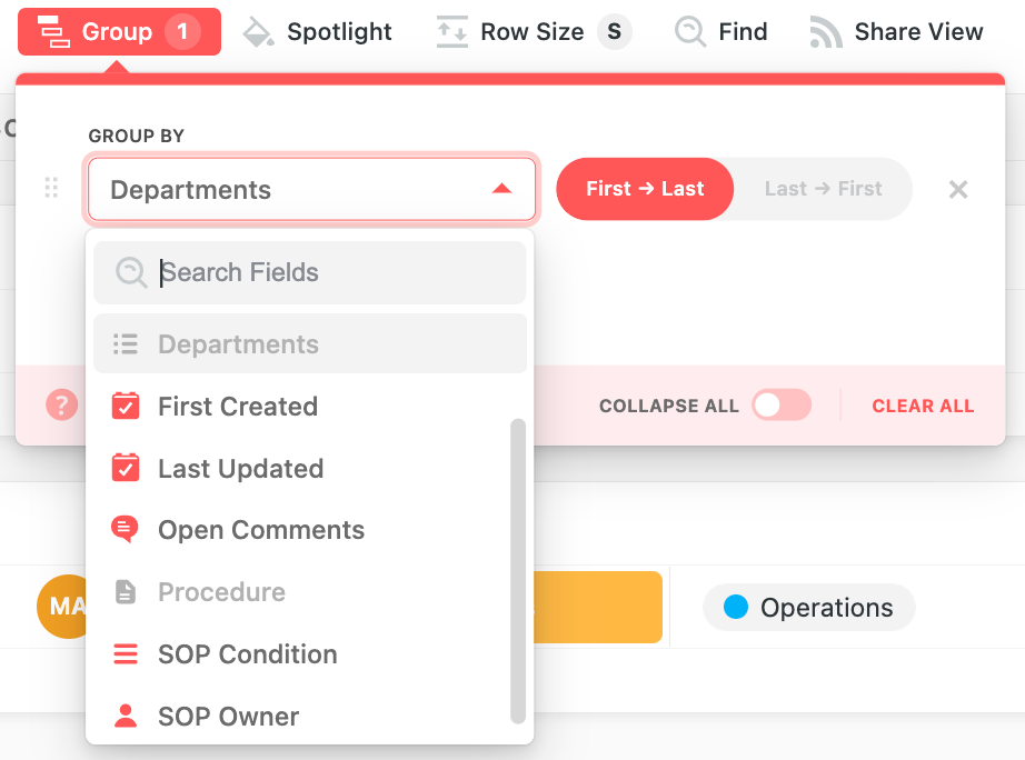 Group your SOPs by Department in SmartSuite.