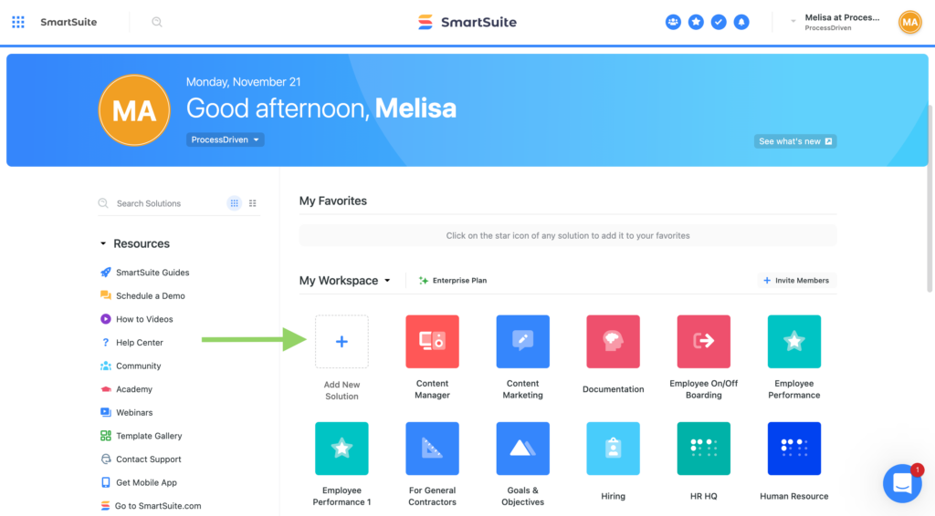 Select "Add New Solution" from your Dashboard to create a new Solution in SmartSuite.