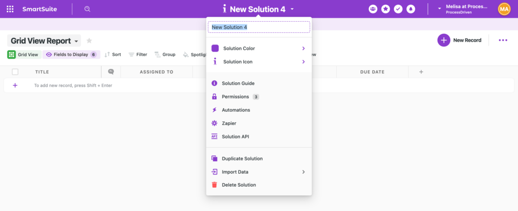 When you create a new Solution in SmartSuite, you'll need to rename it.