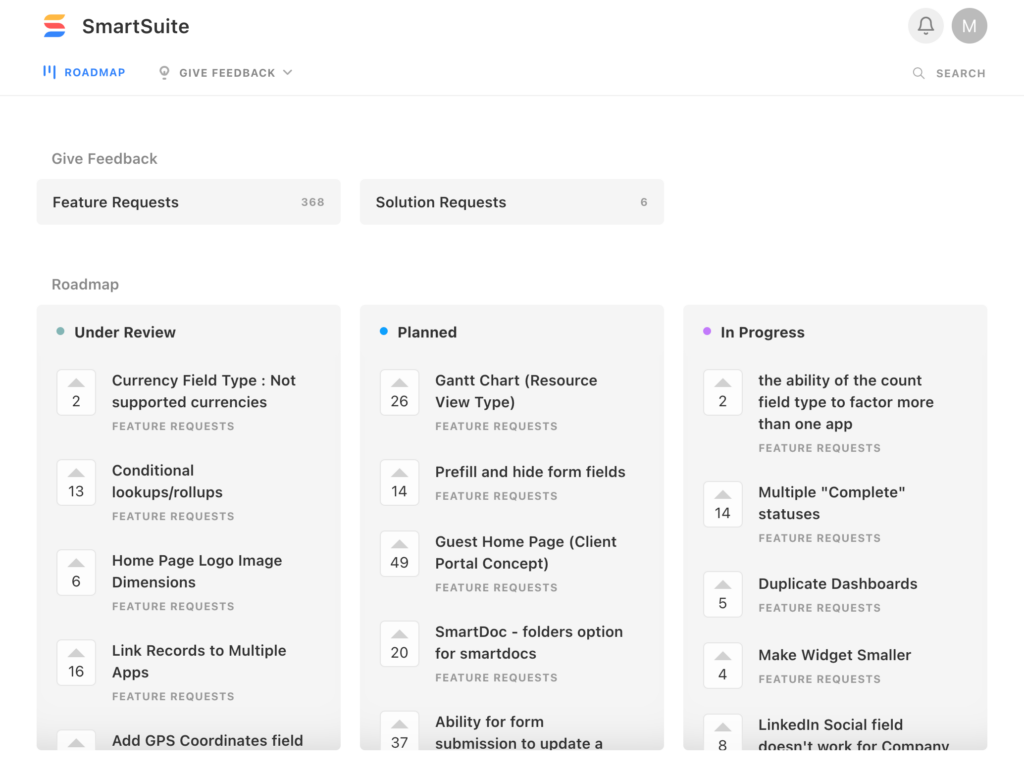 Vote or add feature requests to SmartSuite's Public Roadmap using Canny.