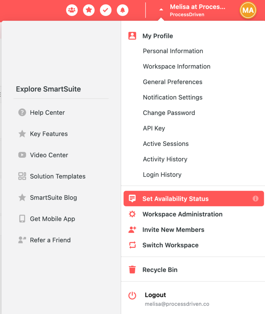 Easily let coworkers know you're away by updating your Availability Status in SmartSuite.