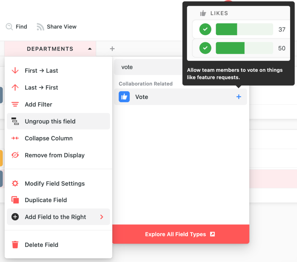 Use SmartSuite's Voting Custom Fields to collaborate with team members.